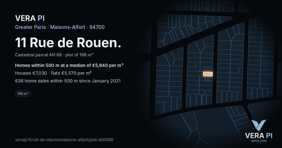 11 Rue de Rouen, Maisons-Alfort at night – the plot lit, the parcels around coloured by the prices near them