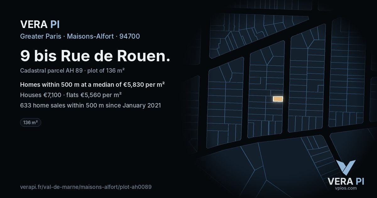 9 bis Rue de Rouen, Maisons-Alfort at night – the plot lit, the parcels around coloured by the prices near them