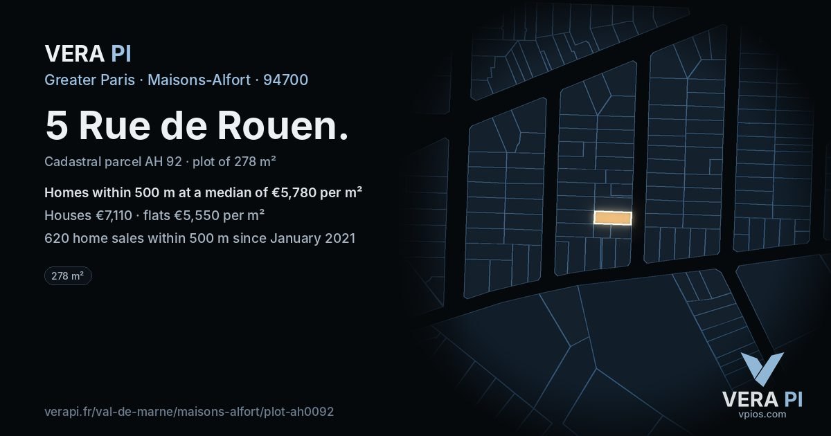 5 Rue de Rouen, Maisons-Alfort at night – the plot lit, the parcels around coloured by the prices near them