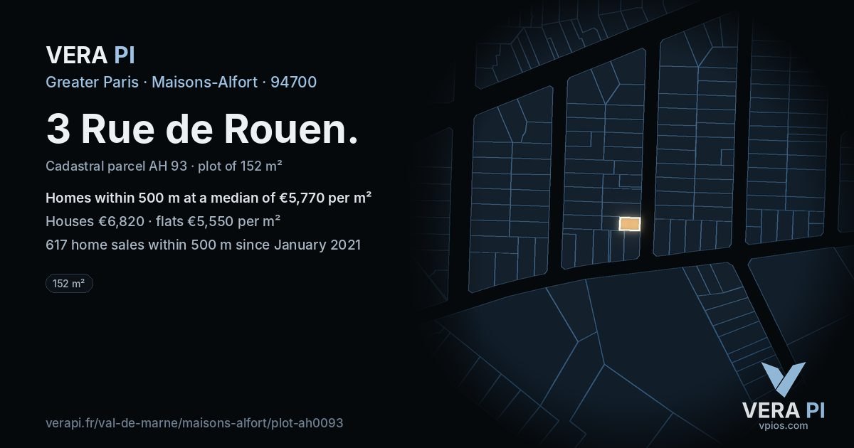 3 Rue de Rouen, Maisons-Alfort at night – the plot lit, the parcels around coloured by the prices near them