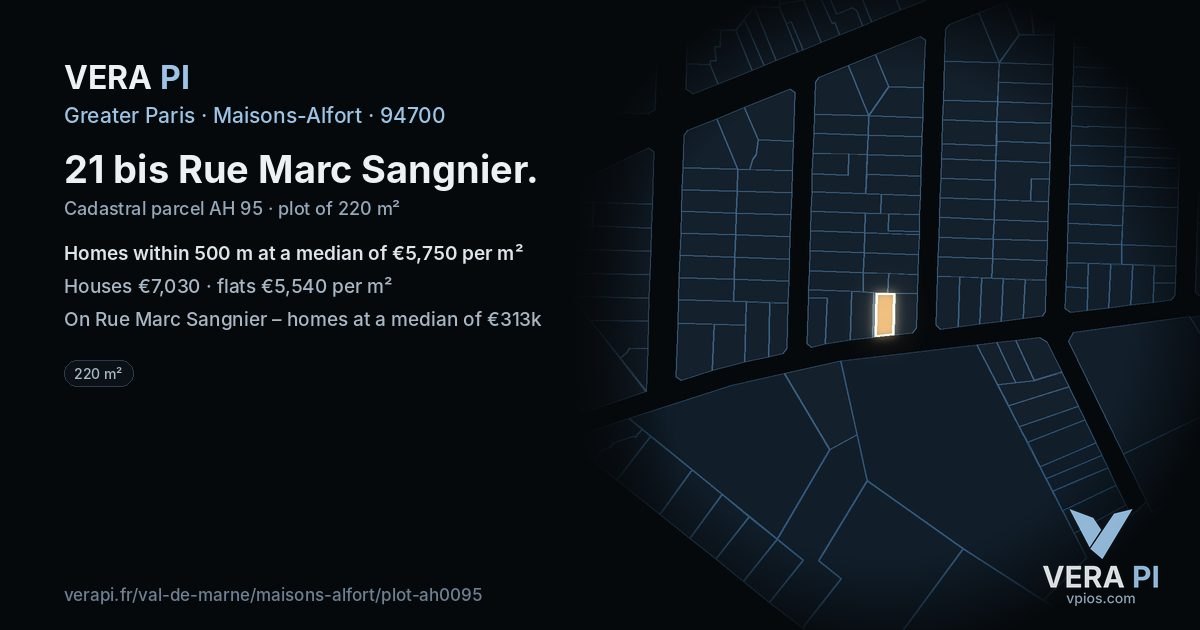 21 bis Rue Marc Sangnier, Maisons-Alfort at night – the plot lit, the parcels around coloured by the prices near them
