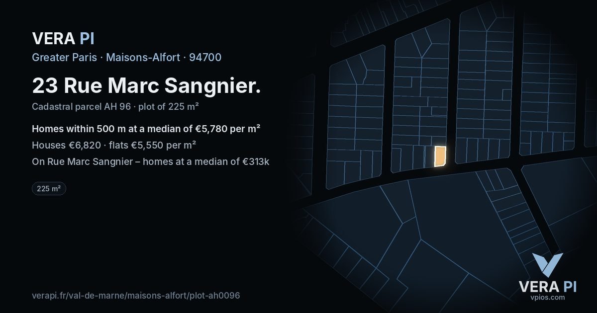 23 Rue Marc Sangnier, Maisons-Alfort at night – the plot lit, the parcels around coloured by the prices near them