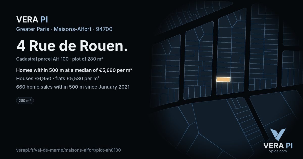 4 Rue de Rouen, Maisons-Alfort at night – the plot lit, the parcels around coloured by the prices near them