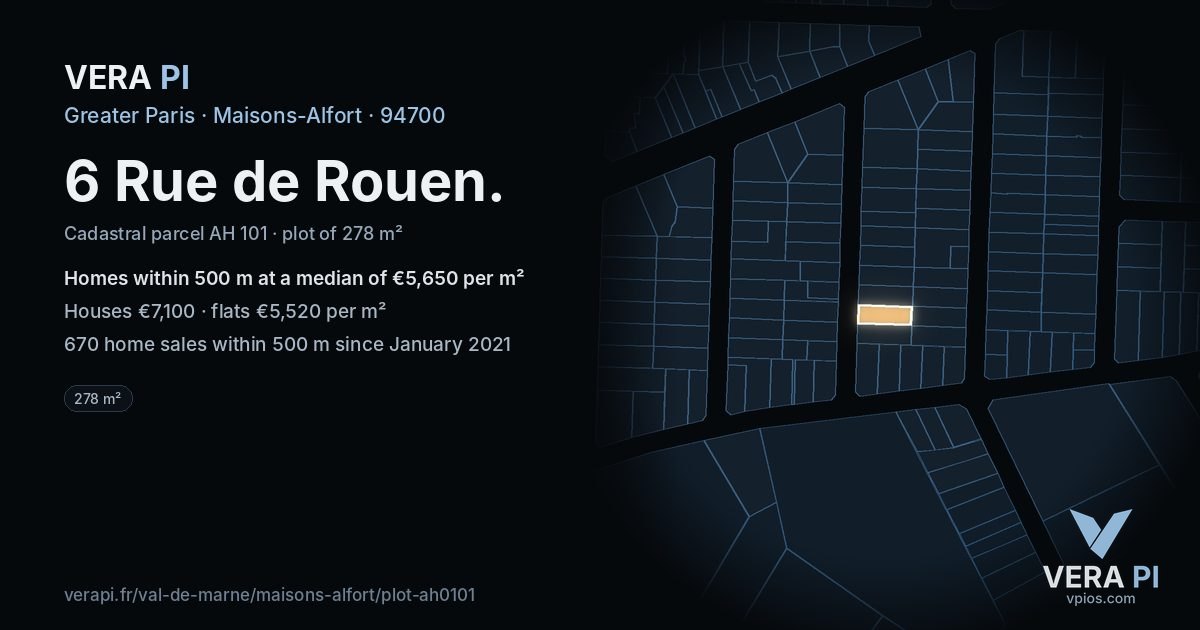 6 Rue de Rouen, Maisons-Alfort at night – the plot lit, the parcels around coloured by the prices near them