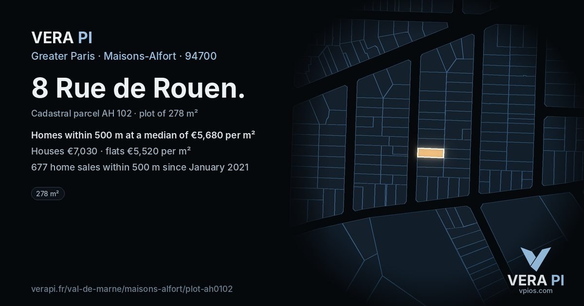 8 Rue de Rouen, Maisons-Alfort at night – the plot lit, the parcels around coloured by the prices near them