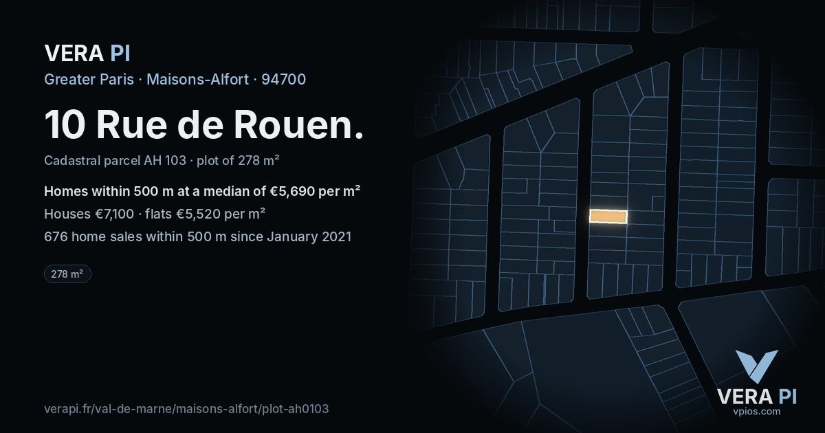 10 Rue de Rouen, Maisons-Alfort at night – the plot lit, the parcels around coloured by the prices near them