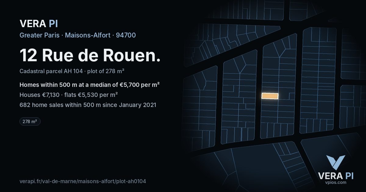 12 Rue de Rouen, Maisons-Alfort at night – the plot lit, the parcels around coloured by the prices near them
