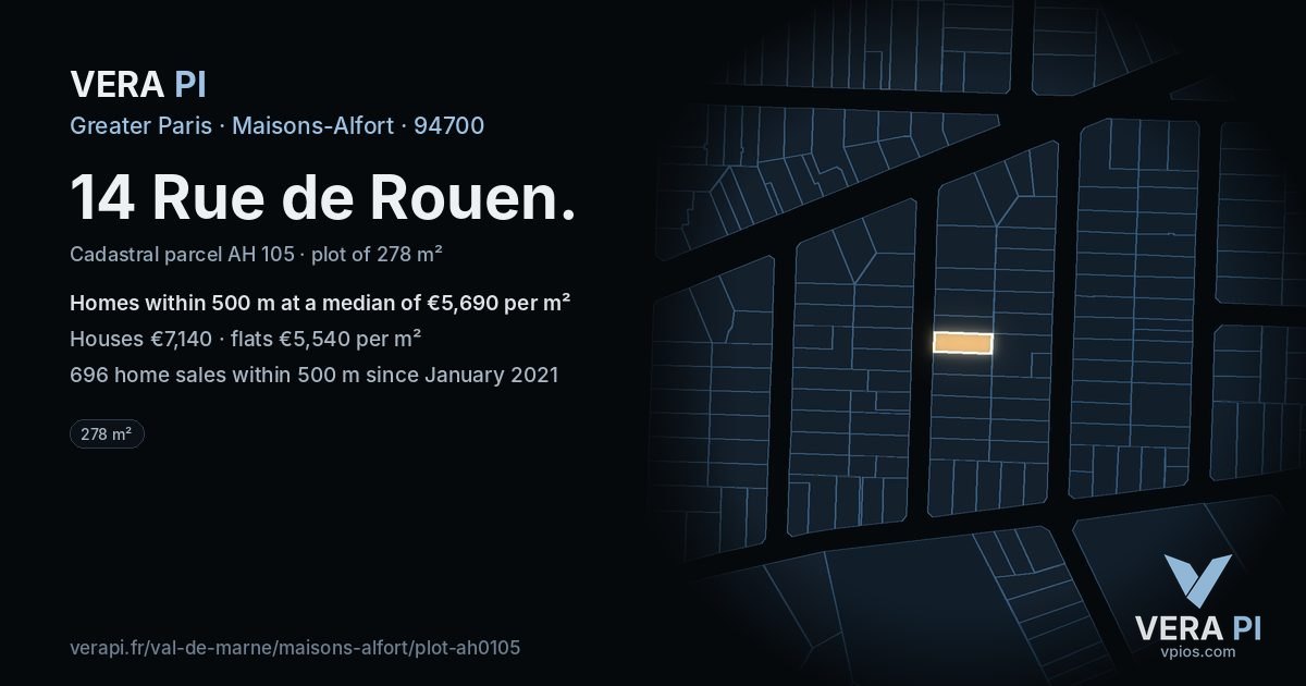14 Rue de Rouen, Maisons-Alfort at night – the plot lit, the parcels around coloured by the prices near them