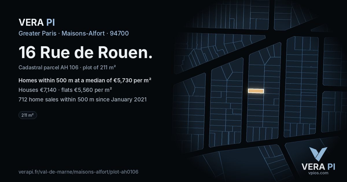 16 Rue de Rouen, Maisons-Alfort at night – the plot lit, the parcels around coloured by the prices near them