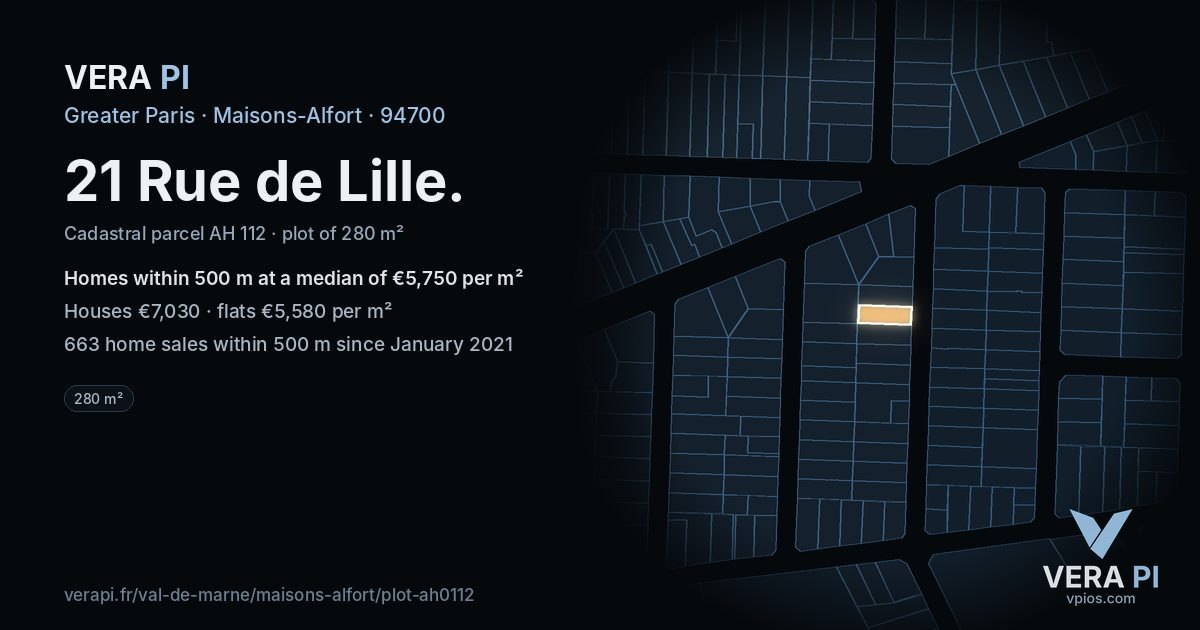 21 Rue de Lille, Maisons-Alfort at night – the plot lit, the parcels around coloured by the prices near them
