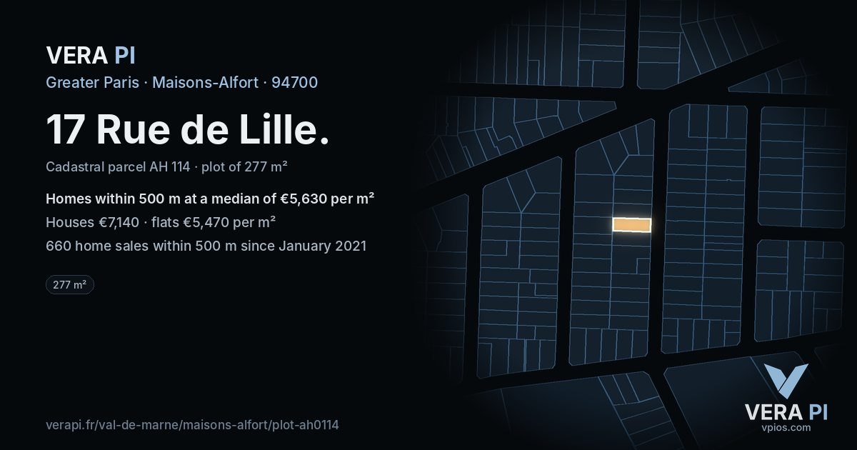 17 Rue de Lille, Maisons-Alfort at night – the plot lit, the parcels around coloured by the prices near them