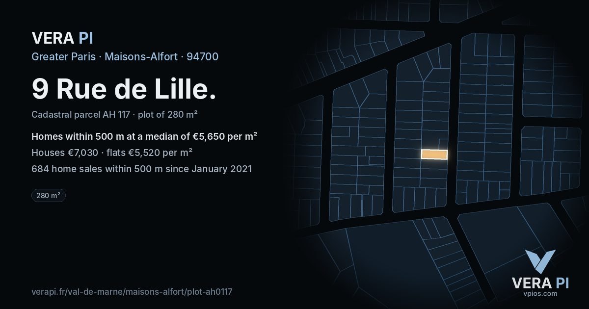 9 Rue de Lille, Maisons-Alfort at night – the plot lit, the parcels around coloured by the prices near them