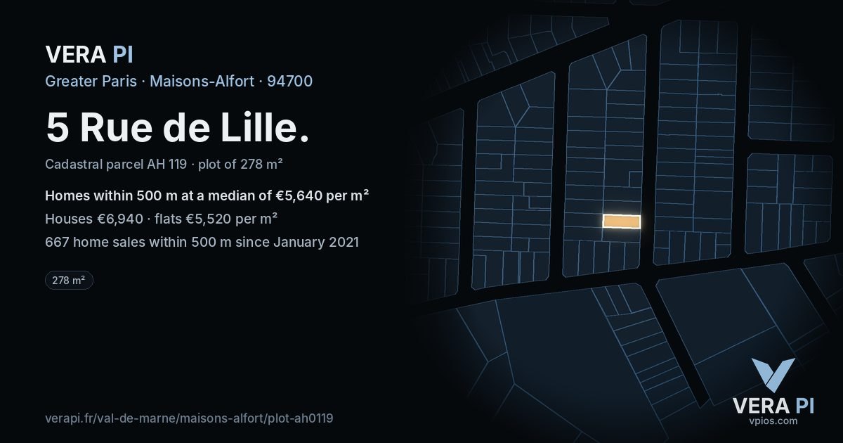 5 Rue de Lille, Maisons-Alfort at night – the plot lit, the parcels around coloured by the prices near them