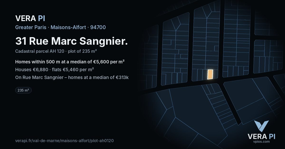 31 Rue Marc Sangnier, Maisons-Alfort at night – the plot lit, the parcels around coloured by the prices near them