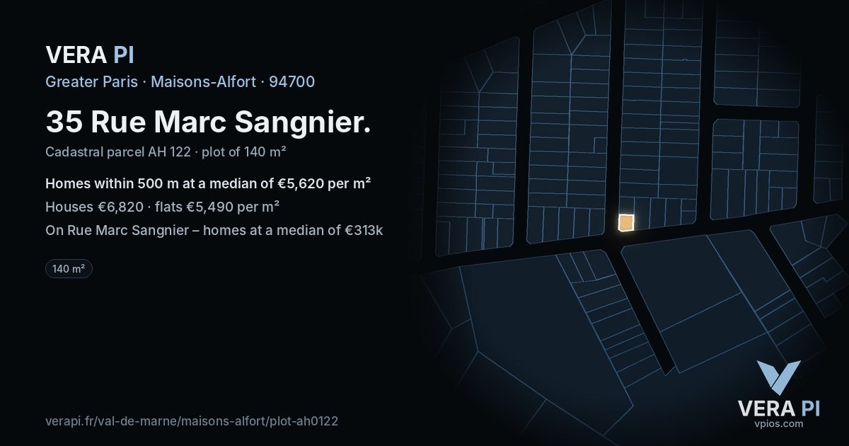 35 Rue Marc Sangnier, Maisons-Alfort at night – the plot lit, the parcels around coloured by the prices near them
