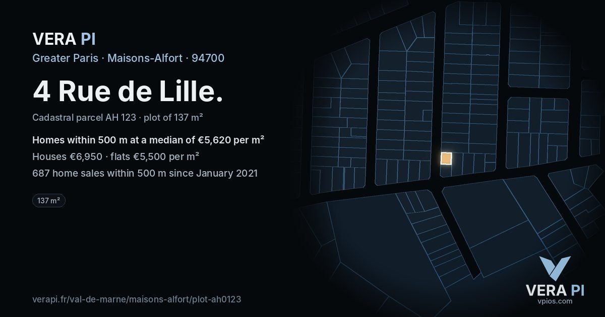 4 Rue de Lille, Maisons-Alfort at night – the plot lit, the parcels around coloured by the prices near them