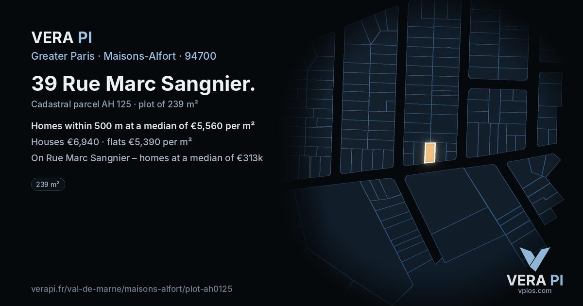 39 Rue Marc Sangnier, Maisons-Alfort at night – the plot lit, the parcels around coloured by the prices near them