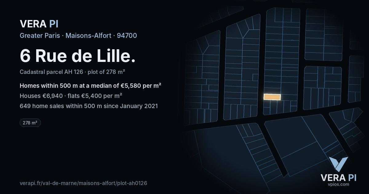 6 Rue de Lille, Maisons-Alfort at night – the plot lit, the parcels around coloured by the prices near them