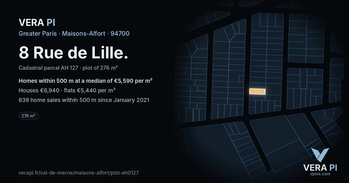8 Rue de Lille, Maisons-Alfort at night – the plot lit, the parcels around coloured by the prices near them