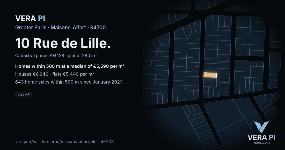 10 Rue de Lille, Maisons-Alfort at night – the plot lit, the parcels around coloured by the prices near them