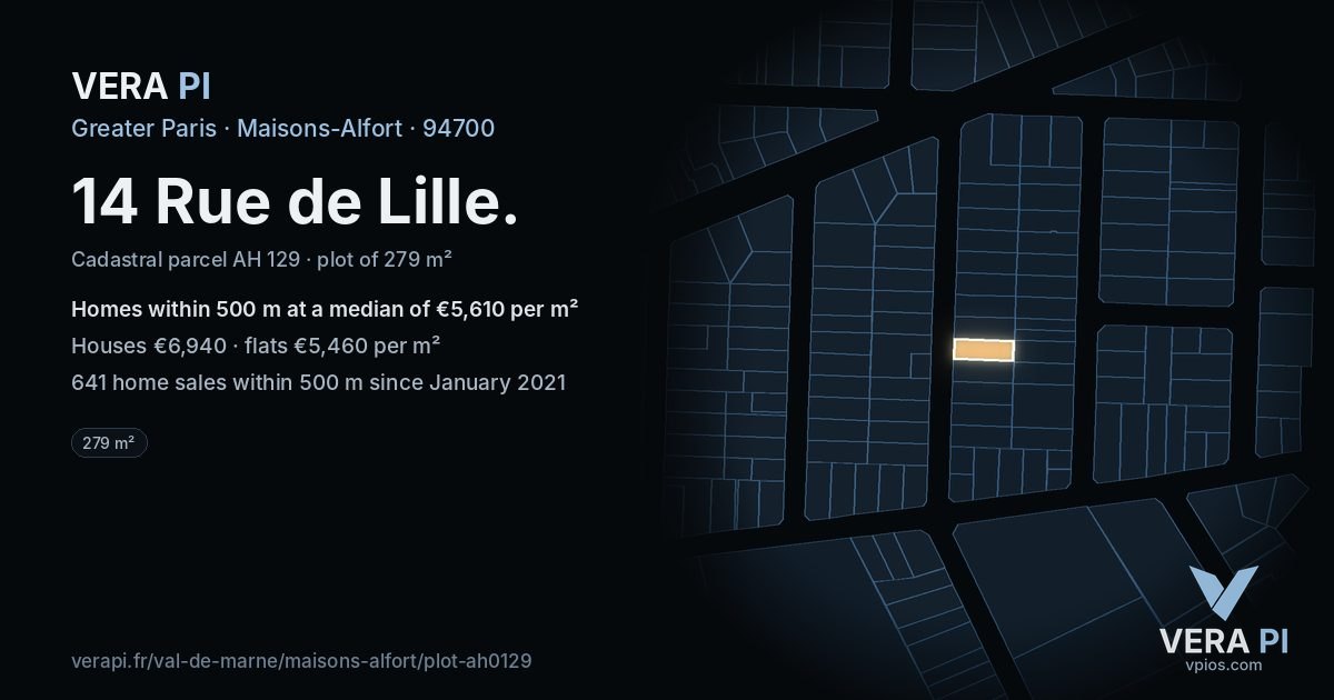 14 Rue de Lille, Maisons-Alfort at night – the plot lit, the parcels around coloured by the prices near them