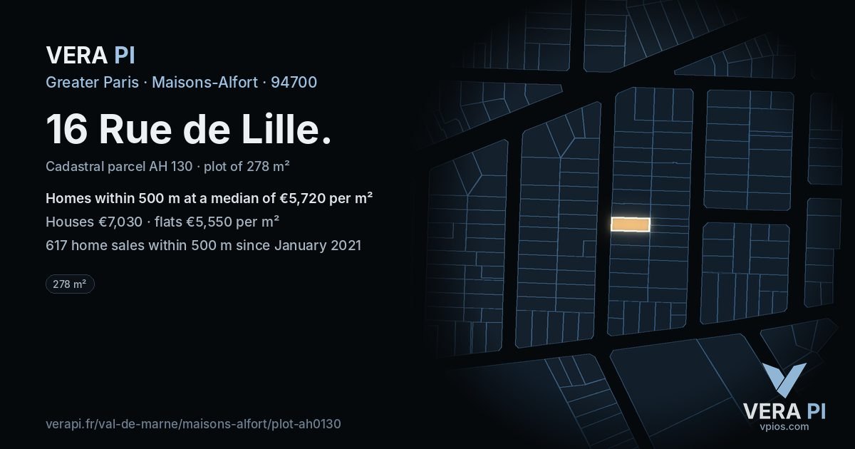 16 Rue de Lille, Maisons-Alfort at night – the plot lit, the parcels around coloured by the prices near them