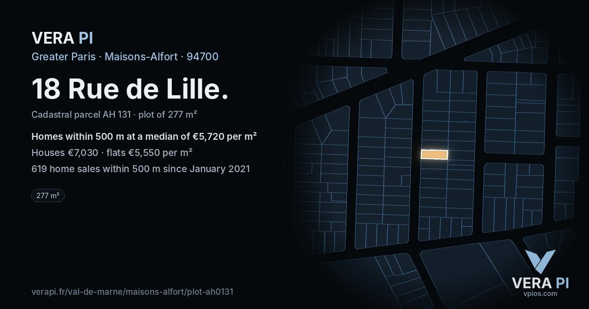 18 Rue de Lille, Maisons-Alfort at night – the plot lit, the parcels around coloured by the prices near them