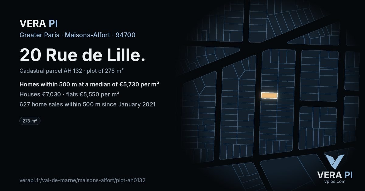 20 Rue de Lille, Maisons-Alfort at night – the plot lit, the parcels around coloured by the prices near them