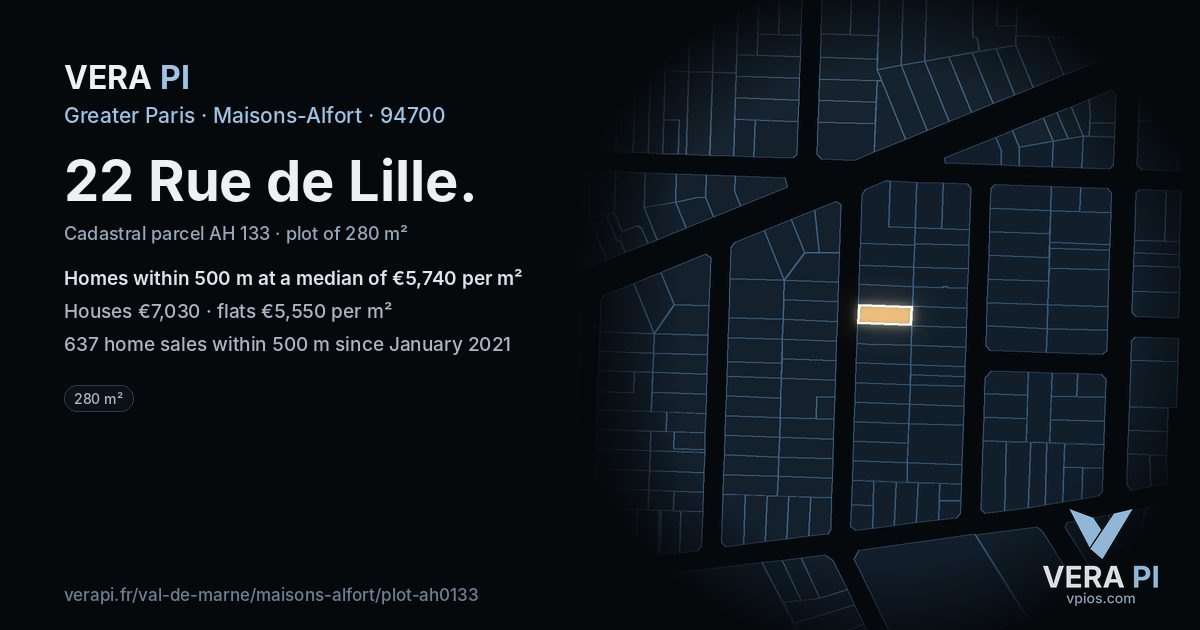 22 Rue de Lille, Maisons-Alfort at night – the plot lit, the parcels around coloured by the prices near them