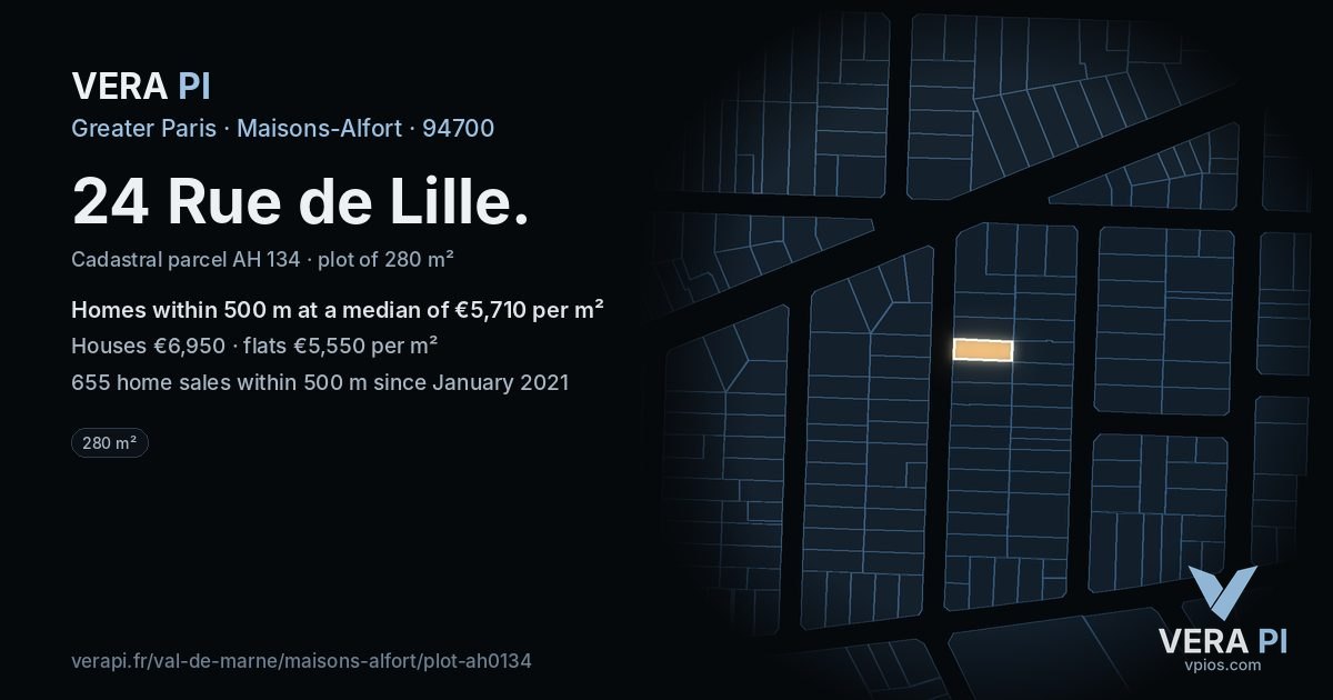 24 Rue de Lille, Maisons-Alfort at night – the plot lit, the parcels around coloured by the prices near them