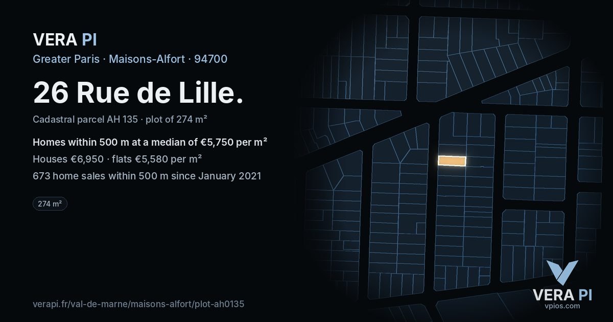 26 Rue de Lille, Maisons-Alfort at night – the plot lit, the parcels around coloured by the prices near them