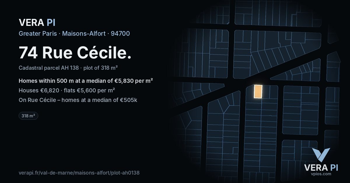 74 Rue Cécile, Maisons-Alfort at night – the plot lit, the parcels around coloured by the prices near them