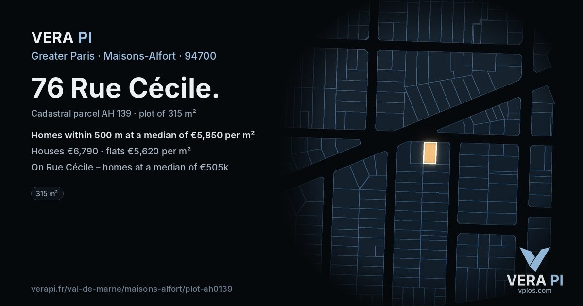 76 Rue Cécile, Maisons-Alfort at night – the plot lit, the parcels around coloured by the prices near them