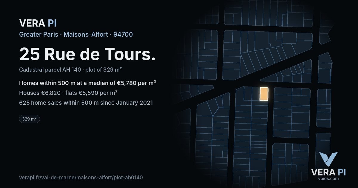 25 Rue de Tours, Maisons-Alfort at night – the plot lit, the parcels around coloured by the prices near them