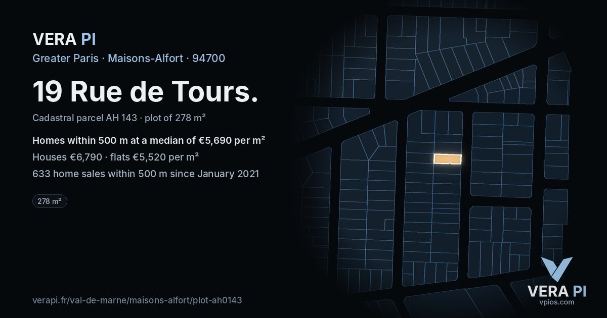 19 Rue de Tours, Maisons-Alfort at night – the plot lit, the parcels around coloured by the prices near them