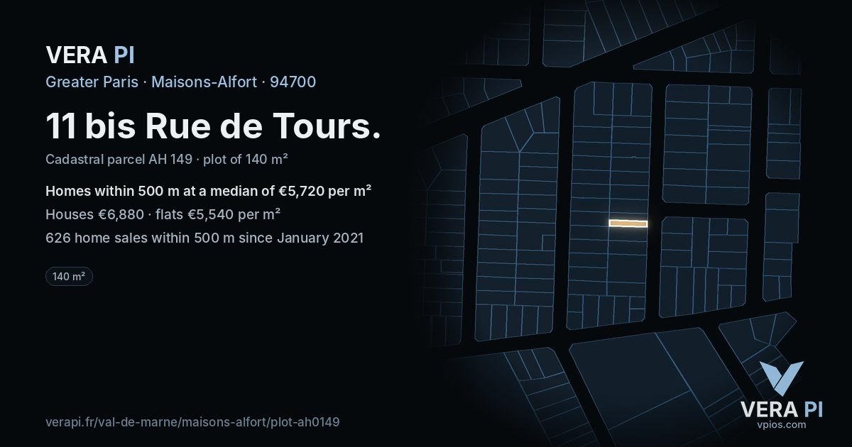 11 bis Rue de Tours, Maisons-Alfort at night – the plot lit, the parcels around coloured by the prices near them