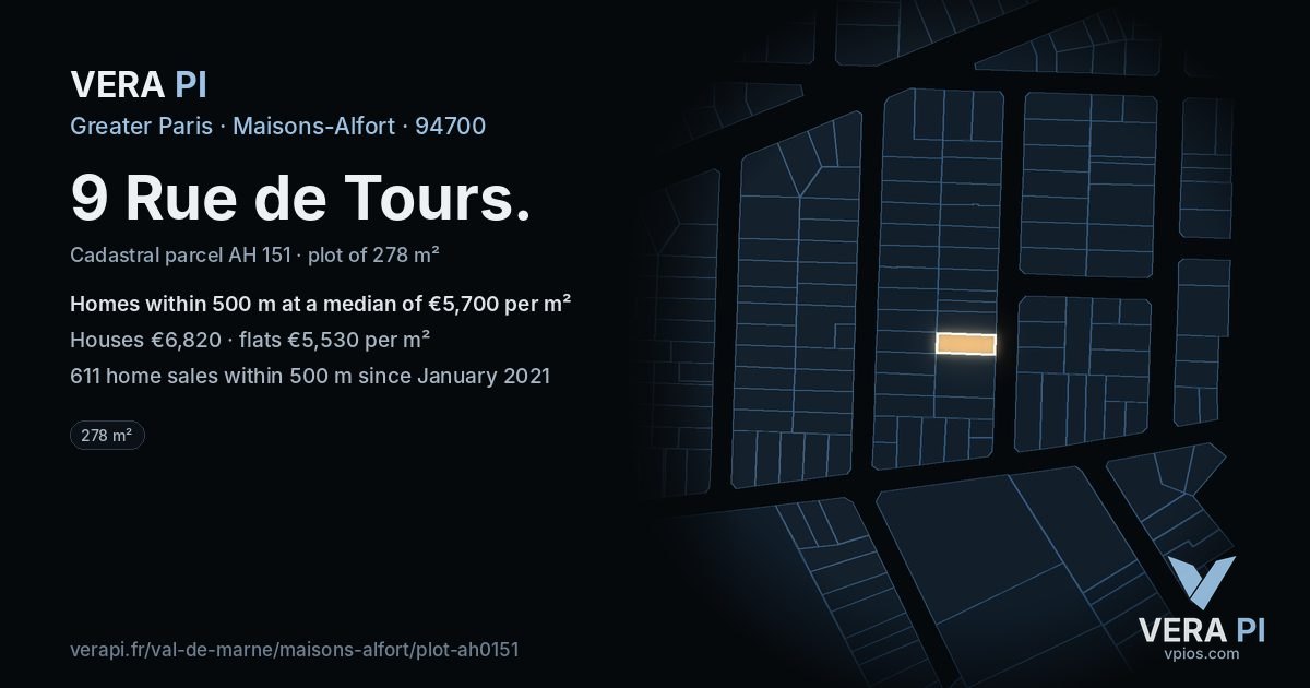 9 Rue de Tours, Maisons-Alfort at night – the plot lit, the parcels around coloured by the prices near them