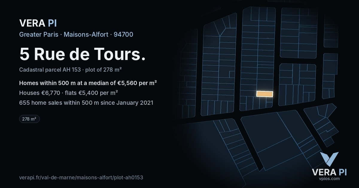 5 Rue de Tours, Maisons-Alfort at night – the plot lit, the parcels around coloured by the prices near them