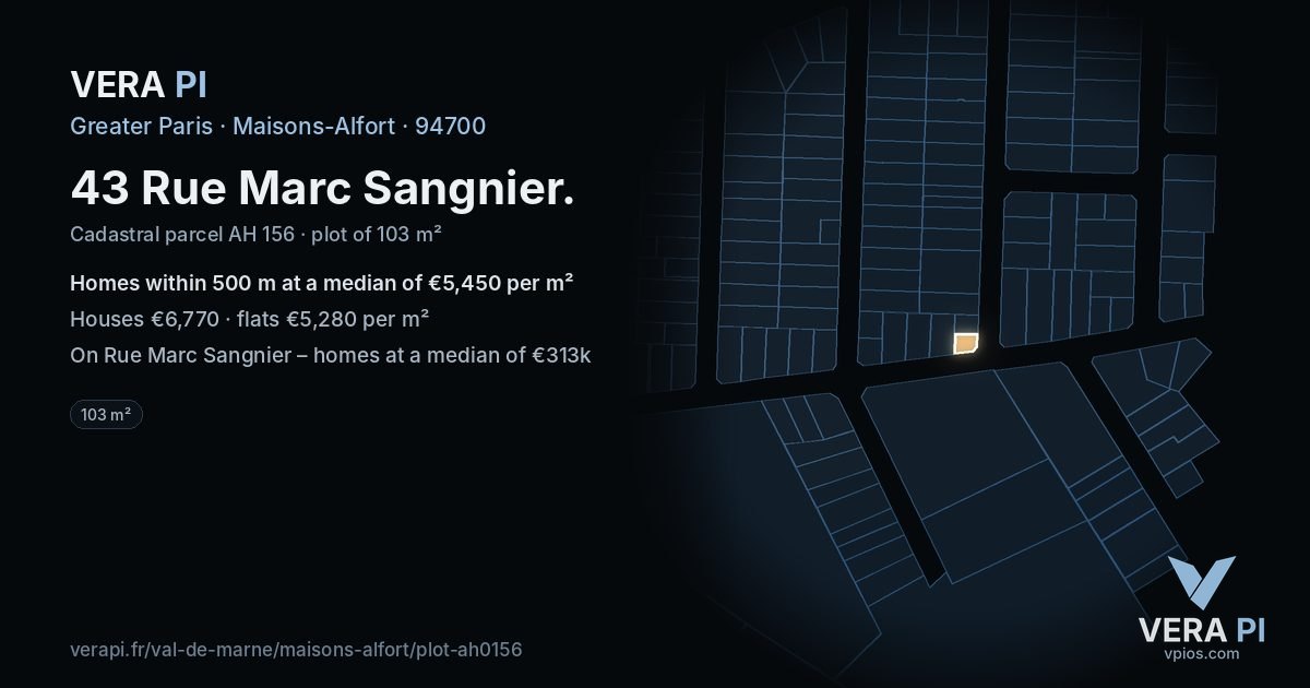 43 Rue Marc Sangnier, Maisons-Alfort at night – the plot lit, the parcels around coloured by the prices near them