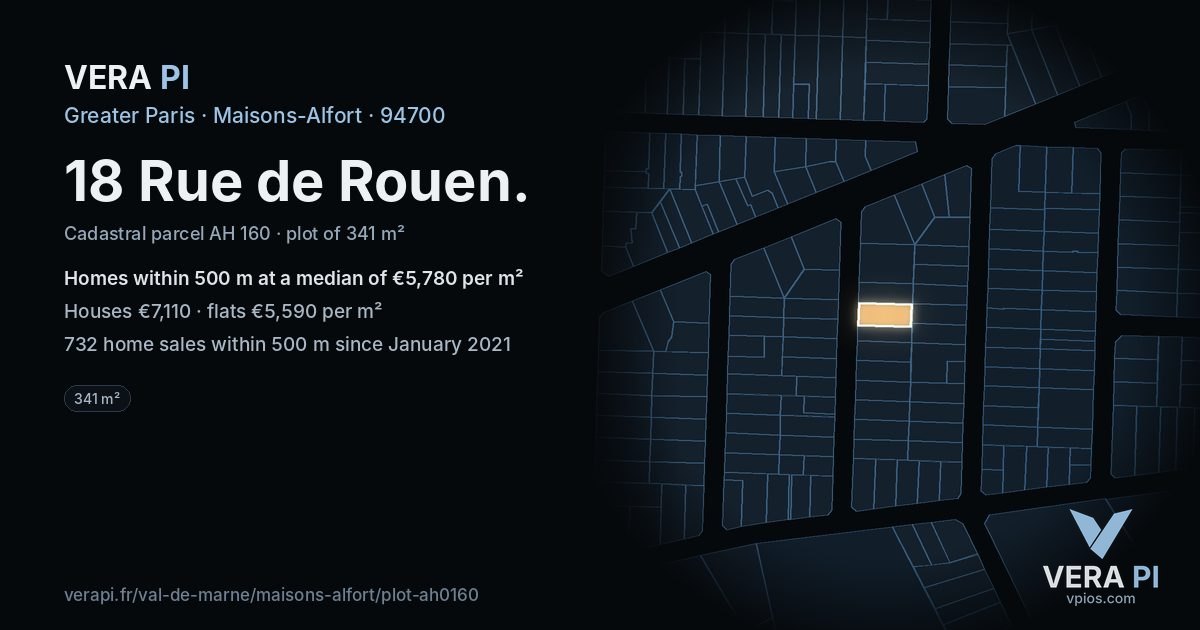 18 Rue de Rouen, Maisons-Alfort at night – the plot lit, the parcels around coloured by the prices near them