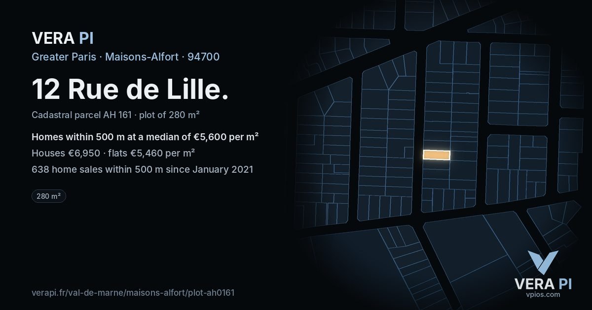 12 Rue de Lille, Maisons-Alfort at night – the plot lit, the parcels around coloured by the prices near them