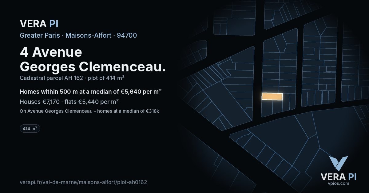 4 Avenue Georges Clemenceau, Maisons-Alfort at night – the plot lit, the parcels around coloured by the prices near them