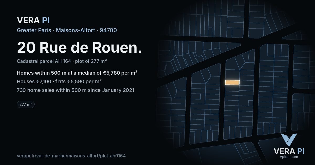 20 Rue de Rouen, Maisons-Alfort at night – the plot lit, the parcels around coloured by the prices near them