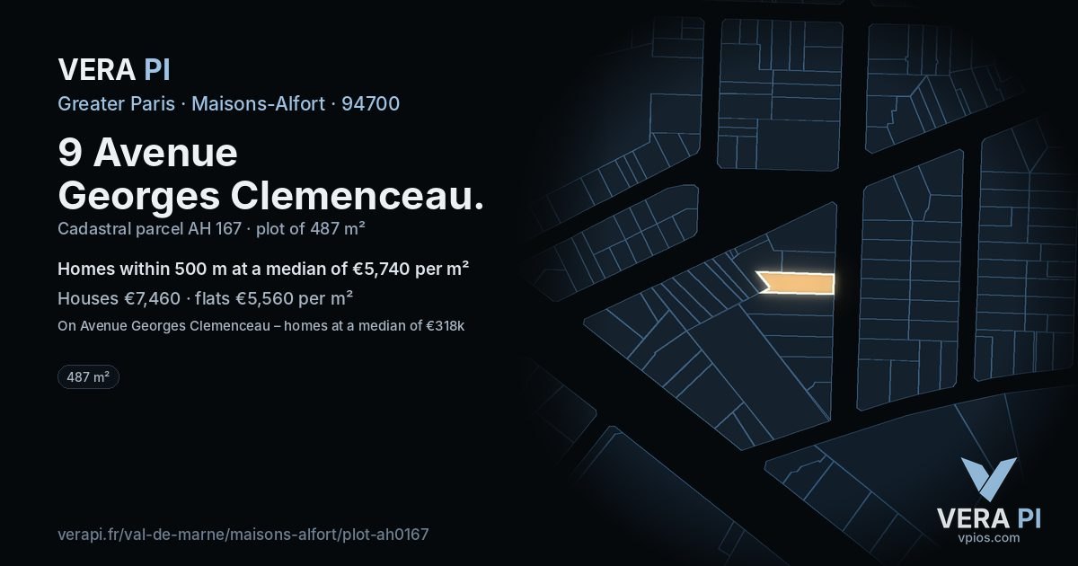 9 Avenue Georges Clemenceau, Maisons-Alfort at night – the plot lit, the parcels around coloured by the prices near them