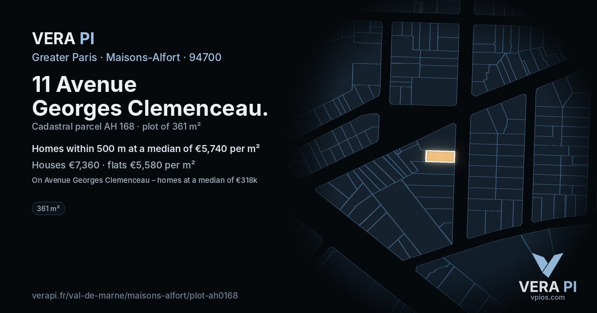 11 Avenue Georges Clemenceau, Maisons-Alfort at night – the plot lit, the parcels around coloured by the prices near them