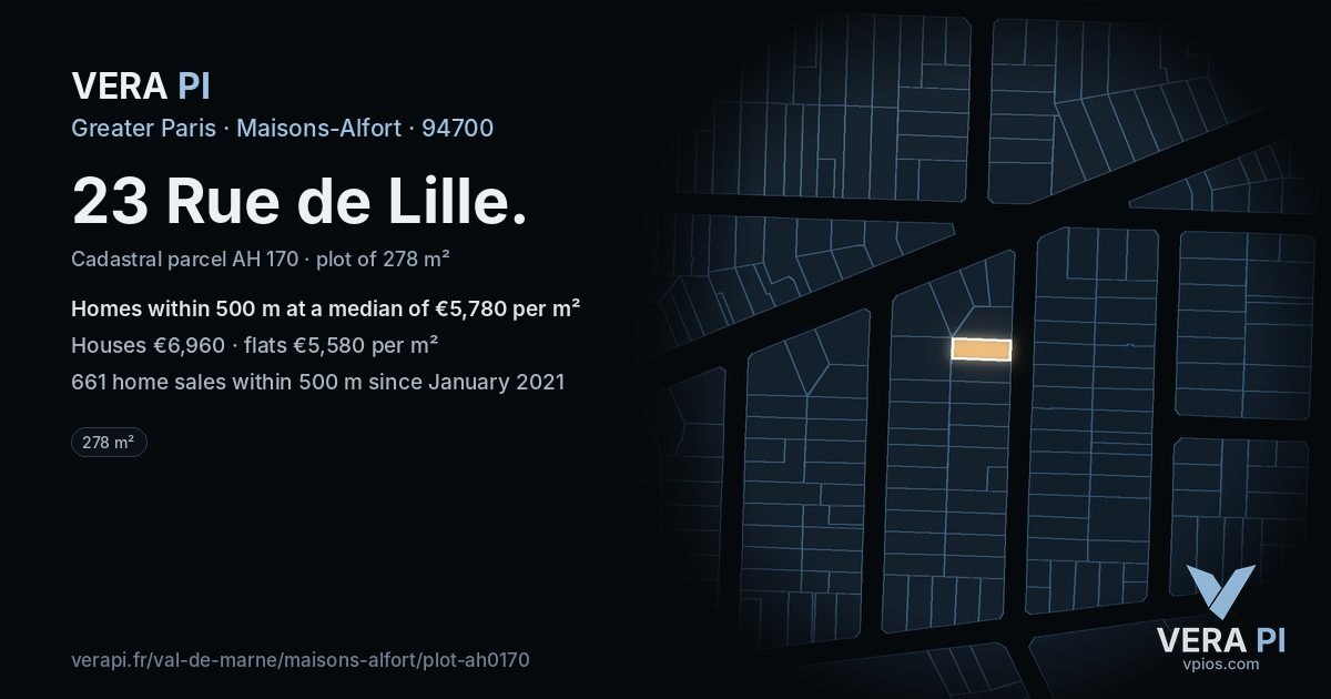 23 Rue de Lille, Maisons-Alfort at night – the plot lit, the parcels around coloured by the prices near them