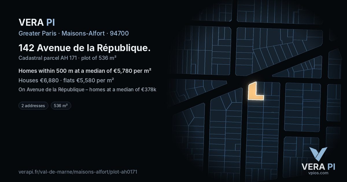 142 Avenue de la République, Maisons-Alfort at night – the plot lit, the parcels around coloured by the prices near them