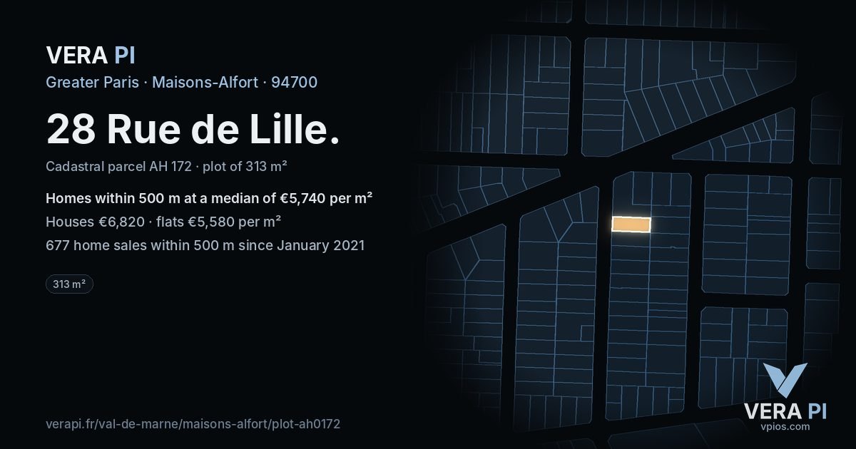 28 Rue de Lille, Maisons-Alfort at night – the plot lit, the parcels around coloured by the prices near them