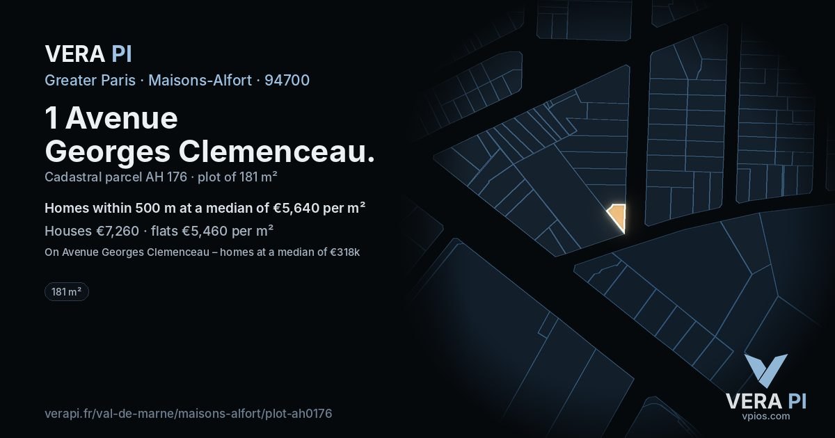 1 Avenue Georges Clemenceau, Maisons-Alfort at night – the plot lit, the parcels around coloured by the prices near them