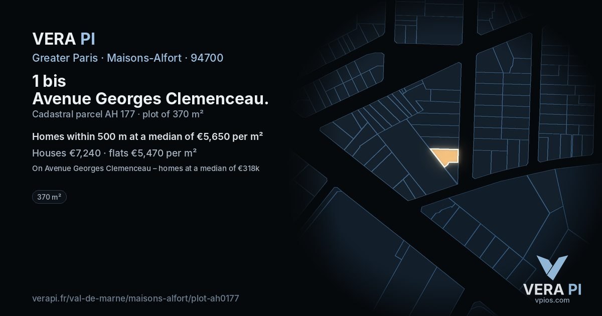 1 bis Avenue Georges Clemenceau, Maisons-Alfort at night – the plot lit, the parcels around coloured by the prices near them